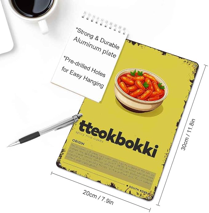 Vintage Tteokbokki Spicy Rice Cakes Art 8x12 Inch Aluminum Metal Sign, Retro Korean Food Decor For Kitchen Dining Room Restaurant Man Cave Garage, Funny Wall Decor