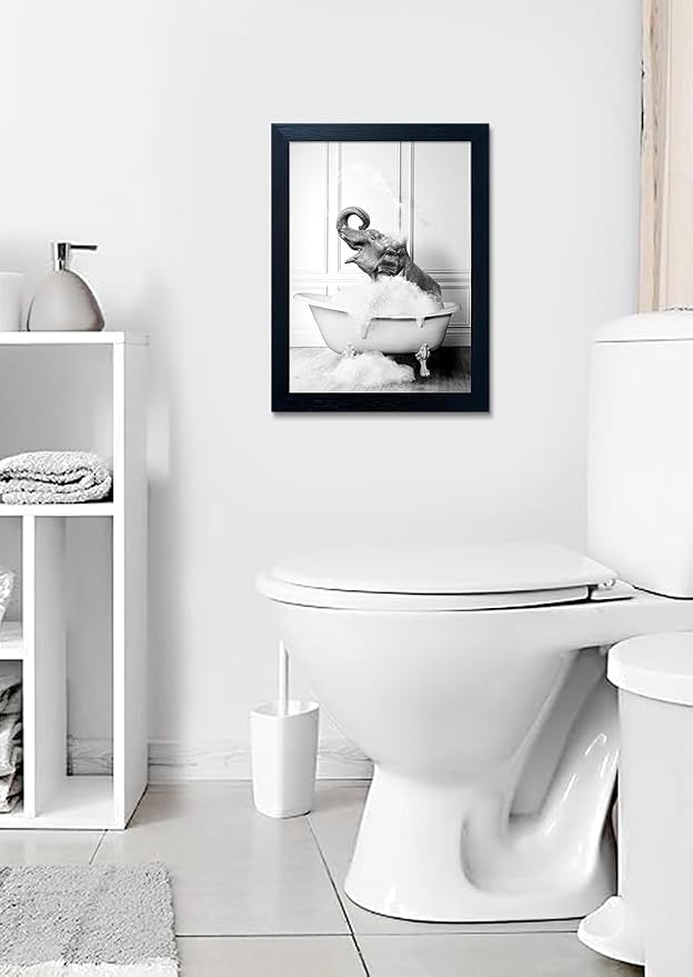 Framed Elephant Wall Art Black and White Bathroom Wall Decor Funny Animal Canvas Print Artworks for Bathroom