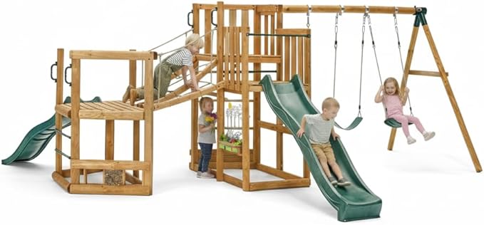 Plum Discovery Wood Swing Sets for Backyard, Kids Yard Play Equipment, Outdoor Toddler Swing with Slide, Monkey Bars, Climbing Bridge, Painting Easel, Built-in Planter Box, Weatherproof, Age 3+ Yrs