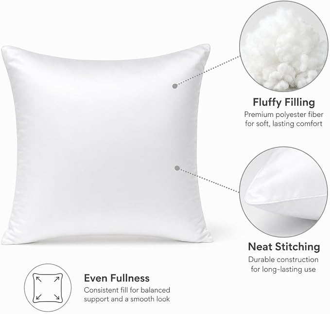 Bemaystar Pillow Inserts, White Satin Pillow Inserts for Throw Pillow Covers, Soft Fluffy Square Cushion Inserts for Sofa Bed Couch Home Decor, 20x20 Inch