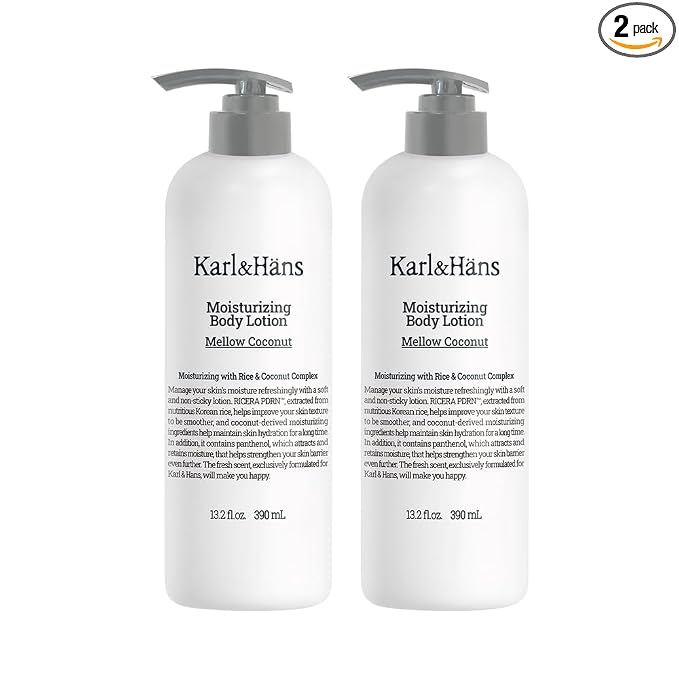 Karl&Hans Moisturizing Body Lotion, Korean Rice-Derived PDRN & Ceramide, Skin Barrier Repair, Lightweight Non-Greasy for Dry & Sensitive Skin, 13.2 fl oz (Mellow Coconut, Pack of 2)