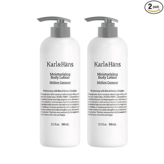 Karl&Hans Moisturizing Body Lotion, Korean Rice-Derived PDRN & Ceramide, Skin Barrier Repair, Lightweight Non-Greasy for Dry & Sensitive Skin, 13.2 fl oz (Mellow Coconut, Pack of 2)