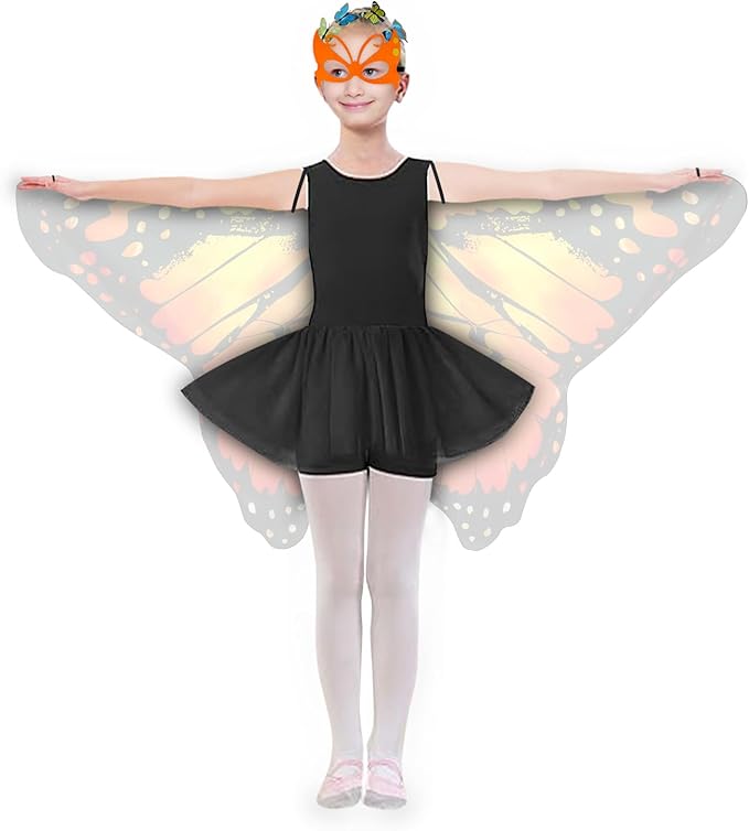 Kids Butterfly Wings Costume Girls Fairy-Wings Toddler Dress Up Play Costumes Butterfly Hair Clip Mask Party Favors (Orange Sets)