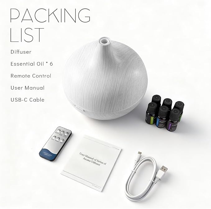 550ml Essential Oil Diffuser, Ultrasonic Aromatherapy Humidifier with Remote Control, 7 LED Colors, Auto Shut-Off, Cool Mist Humidifier for Home, Bedroom, Office
