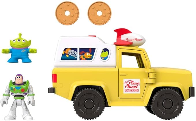 Fisher-Price Imaginext Disney and Pixar Toy Story Pizza Planet Truck with 3-inch Buzz Lightyear & Alien Friend Action Figures, Toy Vehicle & Pizza Projectile Accessories
