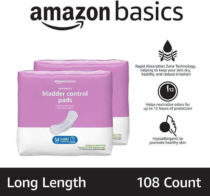 Amazon Basics Incontinence Pads for Women, Postpartum, Long, Bladder Control, Moderate Absorbency, Unscented, 108 Count (2 Packs of 54)