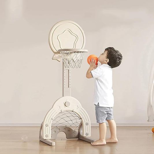 Toddler Basketball Hoop Set with 3 Balls, Adjustable Basketball Hoop Set Indoor Outdoor for Kids, Toddler Sports Activity Center, Portable Basketball Soccer Golf Game Set, Birthday Gift Grey