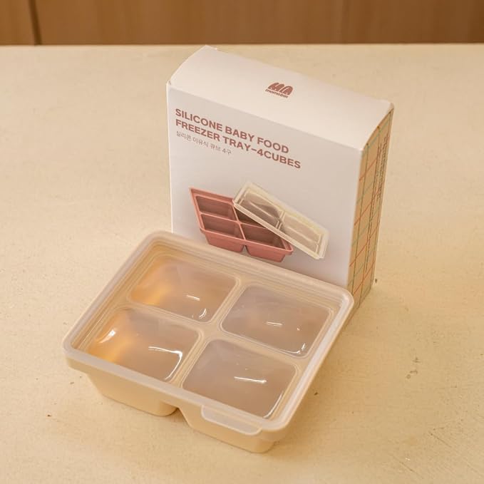 Silicone Freezer Tray, Made in Korea, Meal Prep & Food Storage Cubes with Lid for Purees, Soups, Fruits, Vegetables, Breastmilk (Creme Brulee, 4 Cube - 12.17oz)