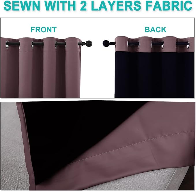 NICETOWN 100% Blackout Window Curtain Panels, Cold and Full Light Blocking Drapes with Black Liner for Nursery, 84 inches Drop Thermal Insulated Draperies (Dry Rose, 2 PCs, 70 inches Wide Each Panel)