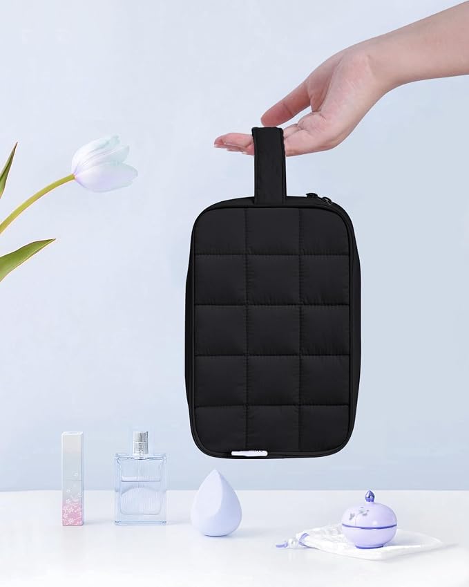 Narwey Quilted Makeup Bag Puffy Make up Bag Cosmetic Bag Organizer, Puffer Travel Toiletry Bag for Traveling Women Girl, Travel Bag for Toiletries, Skincare Medicine Bags (Black)