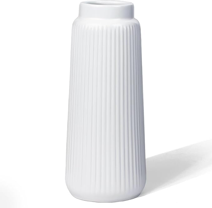 White Ceramic Vase, 8 Inch Conical Flower Vase with Narrow Mouth for Pampas Grass, Modern Tapered Decorative Vase for Home Decor, Living Room Table, Shelf