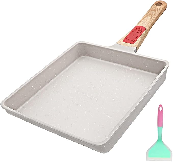 AIKENBBKK Tamagoyaki Japanese Omelette Pan, Japanese Egg Pan, Square Egg Pan Nonstick, Induction-Ready, Detachable Handle, with Silicone Spatula, PFAS & PFOA-Free, Oven Safe, White, 9" x 8.2"