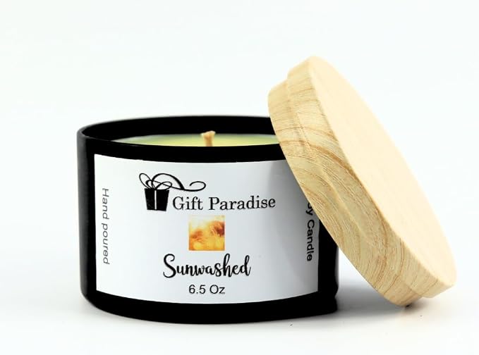 Sunwashed Soy Wax Candle in Black Metal Tin, 6.5 oz, Cotton Wick