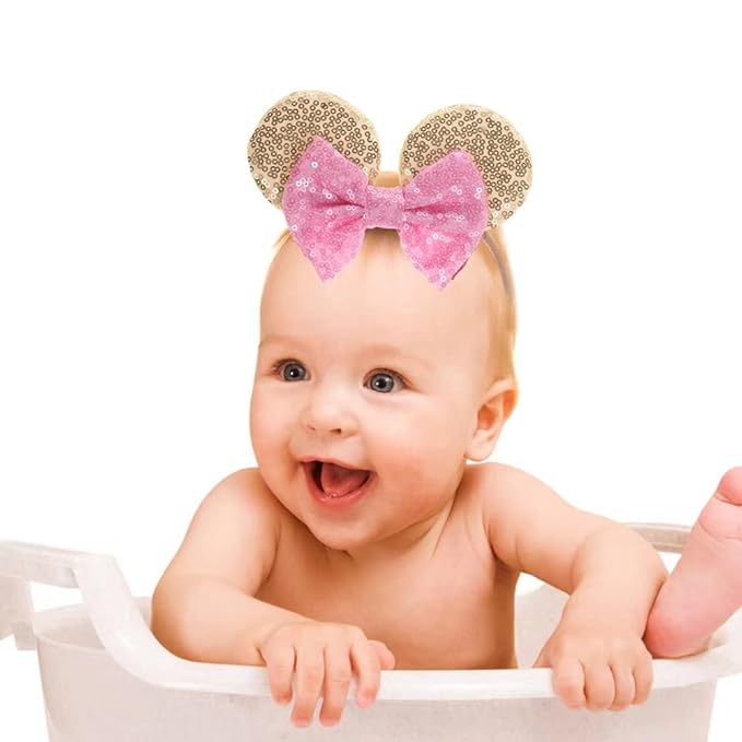 JIAHANG Mouse Ear Nylon Headband with Sequin Bow, Soft Elastic Hair Bow Hair Band, Party Headwear for Baby Newborn Infant Toddlers, kids, Gilrs