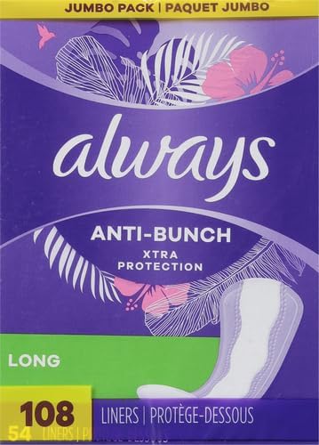 Always Panty Liners for Women Anti-Bunch Xtra Protection Daily Liners, Long, Unscented 108 Count (Pack of 4)