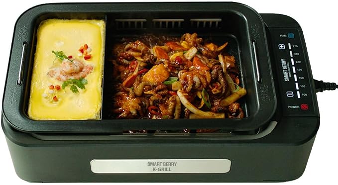 SMART BERRY 3 in 1 Smokeless Electric Indoor Grill, Nonstick Grill/Griddle Plates, Jjamjjapan, Glass Lid, Portable Korean BBQ Grill with 7-Level Control (Jjamjjapan set White)