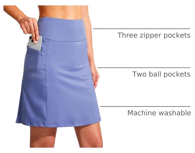 19" Ruffled Golf Skirts for Women | 3 Zipper Pockets, Knee Length, High Waisted, Long Skorts for Athletic, Casual, Tennis, Pickleball