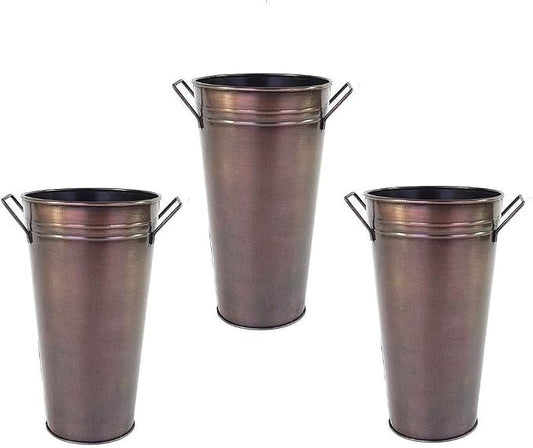 Hosley Set of 3 Antique Bronze Galvanized Floral Vases French Buckets 5" Dia x 9" H with Handles Vintage-Inspired Rustic Elegance for Floral Arrangements Home, Events, and Weddings