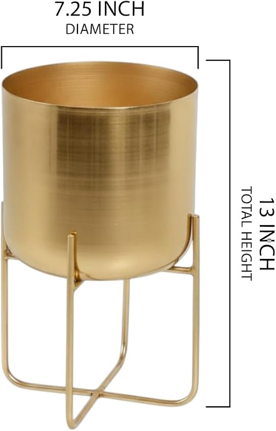 Serene Spaces Living Modern Mid‑Century Metal Indoor Planter with Stand, Gold Planter Pot for Houseplants & Indoor Plants – Living Room, Kitchen & Office, 7.25" Diameter & 13" Tall