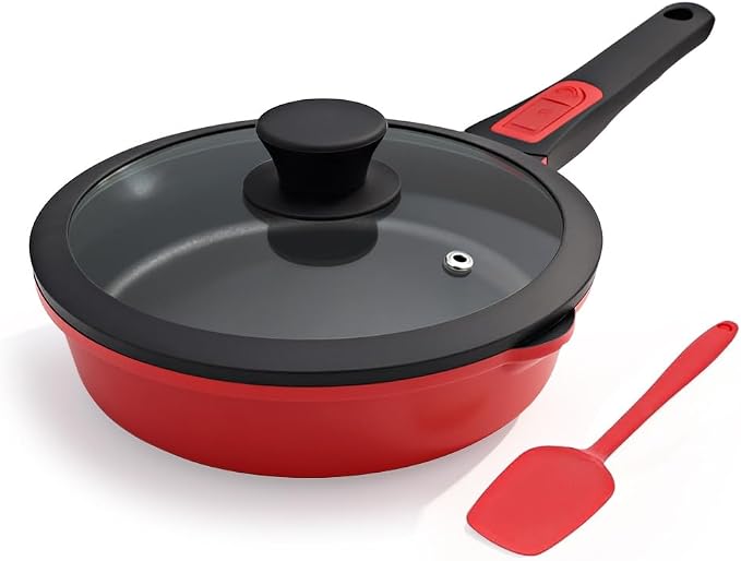 Small 8 Inch Frying Pan Skillet with Lid, Non Stick Saute Pan, Egg Pan Nonstick with Detachable Handle, Induction Compatible, Oven Safe, PFOA PFOS APEO Free, Red