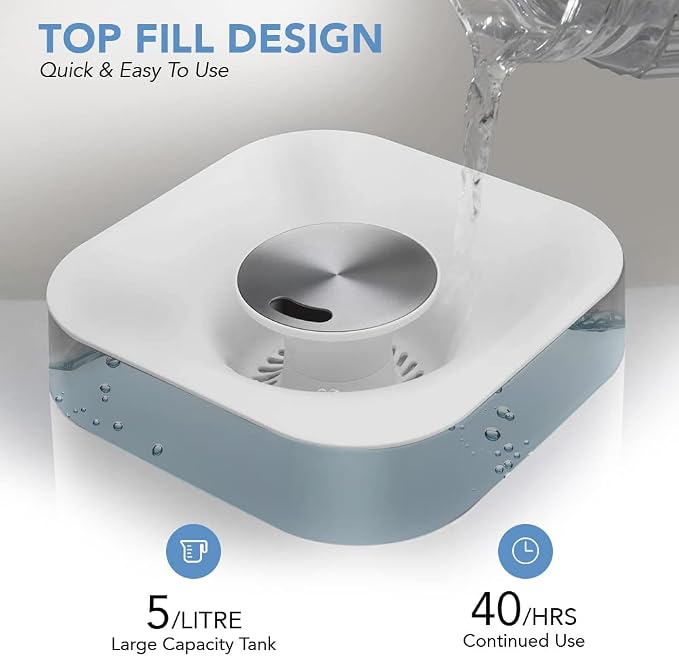 Senville 5L Top-Fill Humidifier for Home, Large Capacity Cool Mist Humidifier, Ultrasonic, With Essential Oil Diffuser for Aromatherapy White