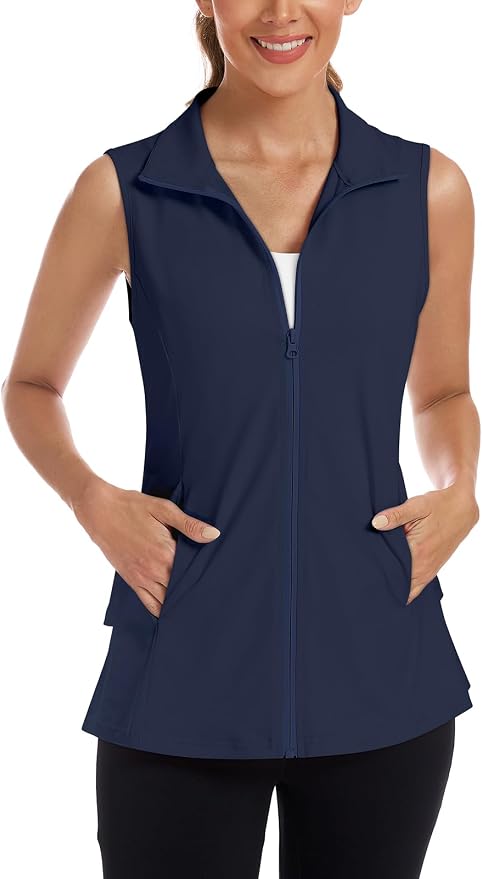 Women's Golf Vest with Pleated Tennis Skirt Hem Lightweight Full Zip Sleeveless Athletic Shirts with Pockets