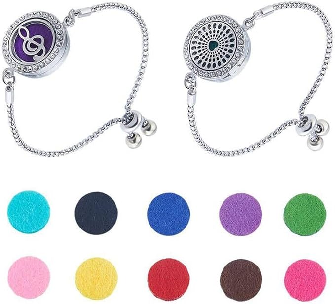 2 Sets Aromatherapy Essential Oil Diffuser Bracelet 316 Stainless Steel Slider Bracelet Aromatherapy Locket Adjustable Bracelet with 20pcs Refill Pads for Women 9.61 Inches