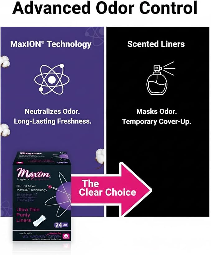 Maxim Cotton Panty Liners for Women, Natural Panty Liners, Ion Odor Control Pantie Liners, Chlorine Free, Chemical Free, Eco Friendly, 1 Pack of 24