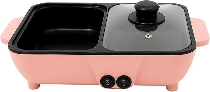 Hot Pot with Grill,2 in 1 Indoor Non-Stick Electric Hot Pot and Frying Pan,Independent Temperature Control,Portable Multifunctional Smokeless Korean BBQ Grill for Indoor Outdoor Party 11.4' * 8.7' * 4.3' (Pink)