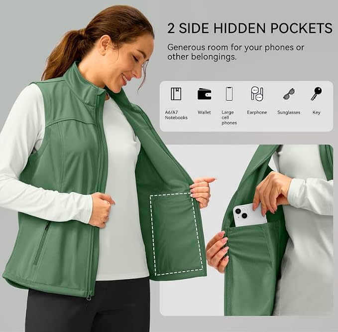 Soothfeel Women's Vest with Zipper Pocekts Lightweight Softshell Sleeveless Jacket Hiking Travel Golf Running Vest for Women