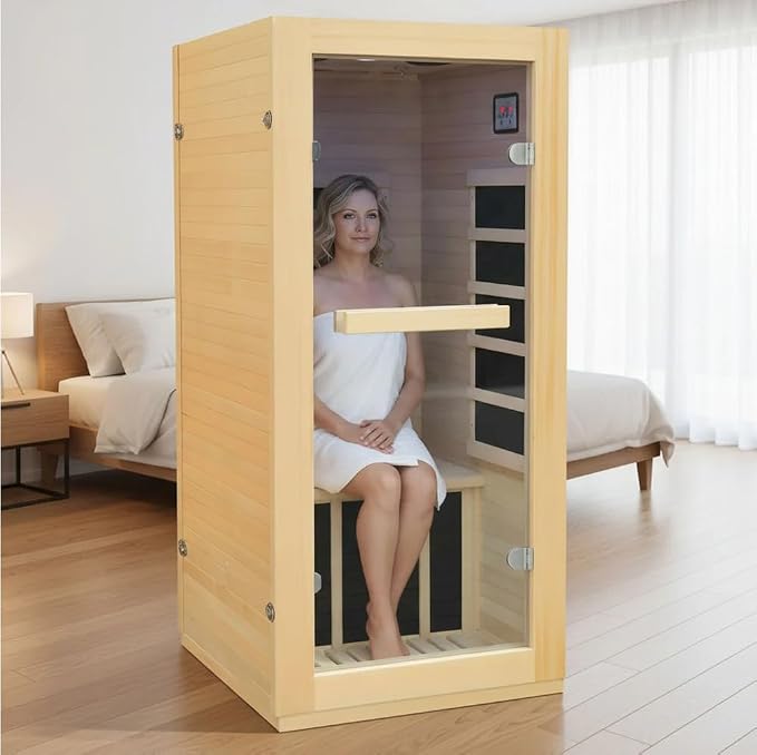 Sauna, Infrared Saunas for Home, Low EMF Indoor Sauna Room Dry Sauna Wood Build Hemlock 1 Person Sauna with Tempered Glass Door/Speakers/Air Hole -Single Person Sauna 32.3 * 28.4 * 61.4"