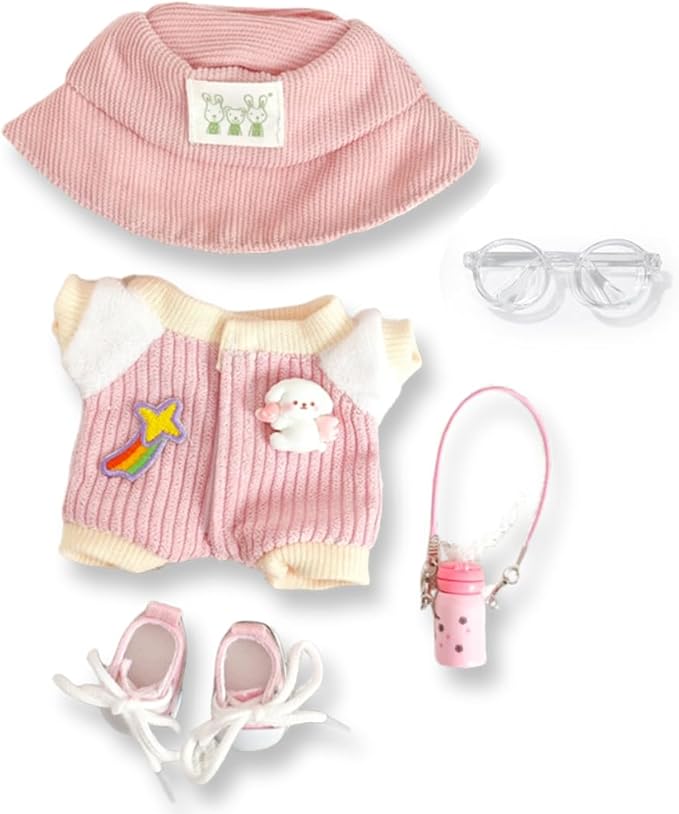 5 Set 17cm Doll Clothes -Clothes for Dolls Outfit - Accessories for 17cm Dolls Clothes +Light Pink Heart-Shaped Velvet hat + Small Camera + Glasses + Canvas Shoes, No Doll Included (Style I)