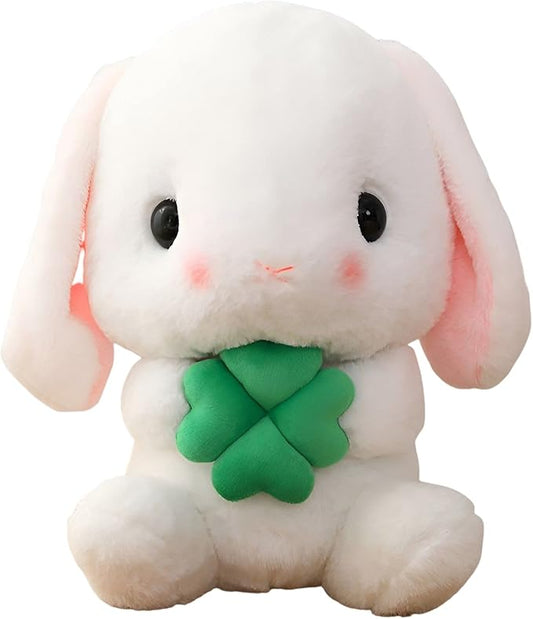 HOUPU Soft Toy - Sitting Lop Eared Rabbit, Easter White Rabbit Stuffed Bunny Animal with Carrot Soft Lovely Realistic Long-Eared Standing Pink Plush Toys (White-Four Leaf,16.9in/43cm)