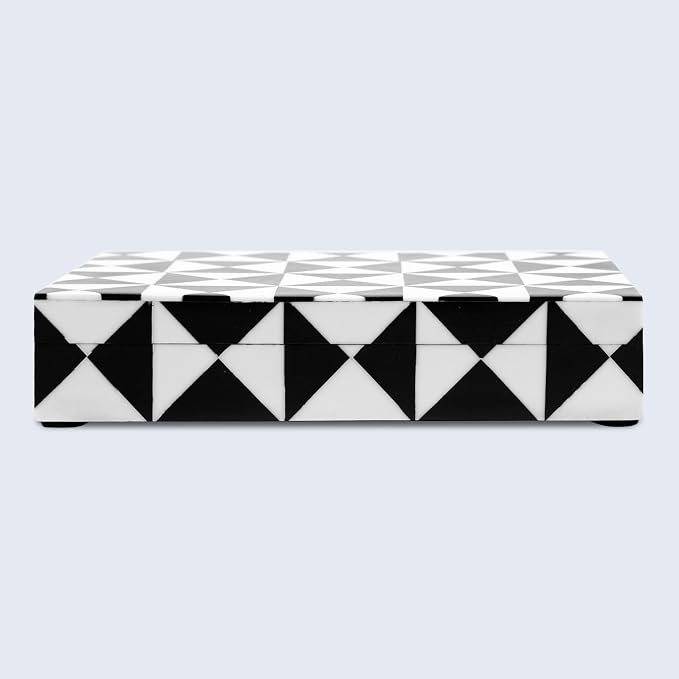 Handicrafts Home Decorative Storage Box with Lid, Black and White Decorative Box for Remote Controls, Slim Coffee Table Storage Box for Shelf, Desk & Living Room Decor, Triangle 8 x 6 x 1.5 Inch