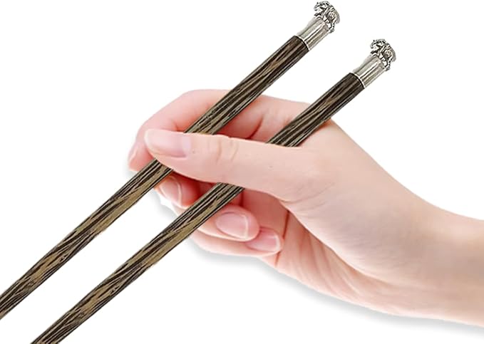 Wooden Chopsticks 9⅞" Long Coconut Palm Wood Chopstick Metal Elephant Top Eating Utensils Oriental Cutlery Asian Tableware Decorative Dinnerware to Serve Chinese Japanese Korean Food