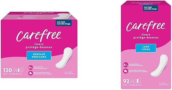 Carefree Panty Liners, Regular Liners, Unwrapped, Unscented, 120ct (Packaging May Vary) & Panty Liners, Long Liners, Unwrapped, Unscented, 92ct (Packaging May Vary)