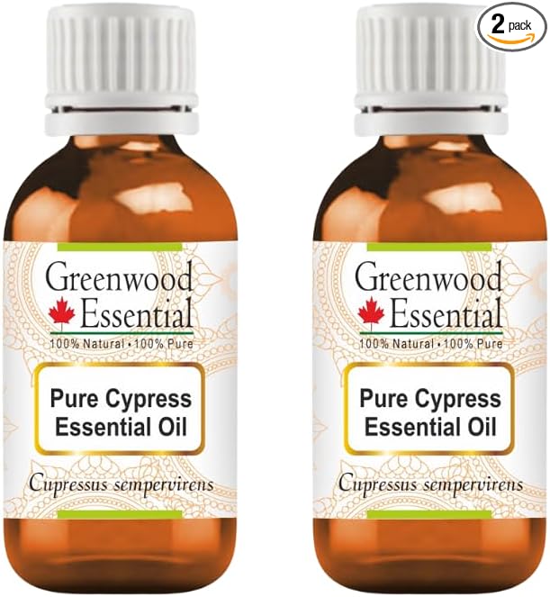 Greenwood Essential Cypress Essential Oil (Cupressus sempervirens) Pure | Non-Sticky | Non-Greasy | Lightweight | Men & Women | All Skin Types | Steam Distilled 10ml X 2 (0.66 oz)