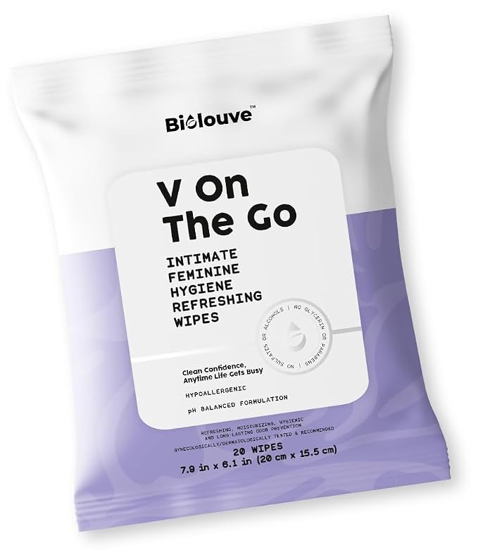 V On The Go Biodegradable Flushable Feminine Wipes for Women | pH-Balance Intimate Wipes with BioticV+ Chamomile & Calendula | Travel Size Fragrance Free (20 Count)