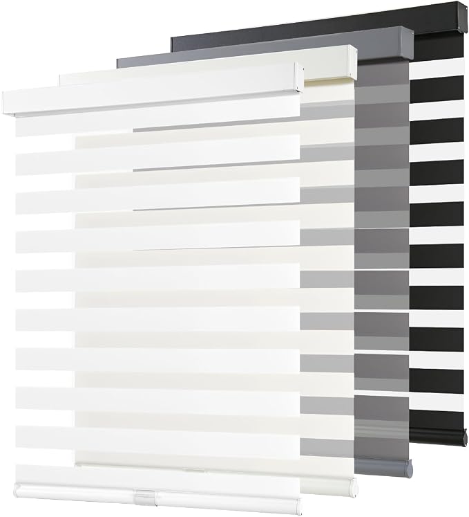 AOSKY Cordless Zebra Blinds for Windows Pull Down Roller Window Shades Dual Layer Light Filtering Privacy for Day and Night, Free-Stop Door Shades for Home Easy to Install (32" W X 64" H, White)