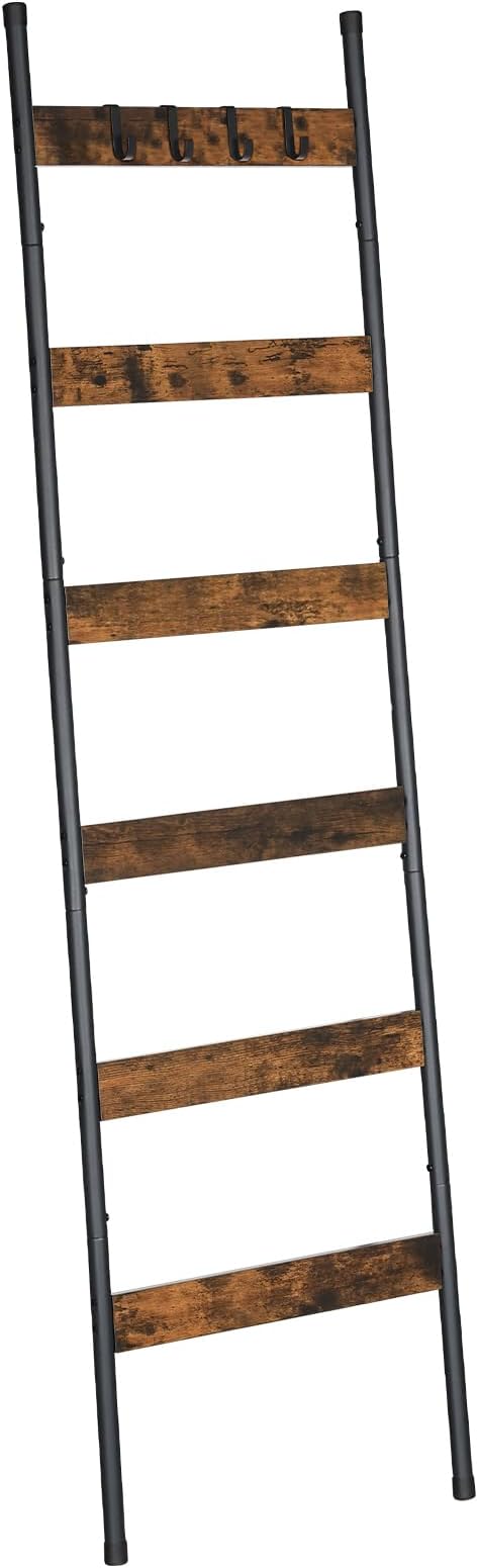 HOOBRO Blanket Ladder, 6-Tier Towel Rack with Hooks, Wall-Leaning Blanket Rack, Decorative Display Ladder Shelf, Scarves, Industrial, Living Room, Bedroom, Rustic Brown and Black BF66CJ01