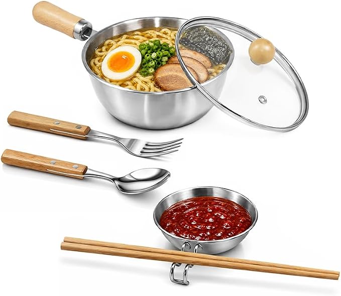 Korean Ramen Pot Set, 18/8 Stainless Steel Ramen Cooking Pot with Glass Lid, Coating-Free One-Person Dining Set, Wooden Handle Bowl, Fork Spoon Chopsticks&Sauce Dish, Safe for Gas Stove