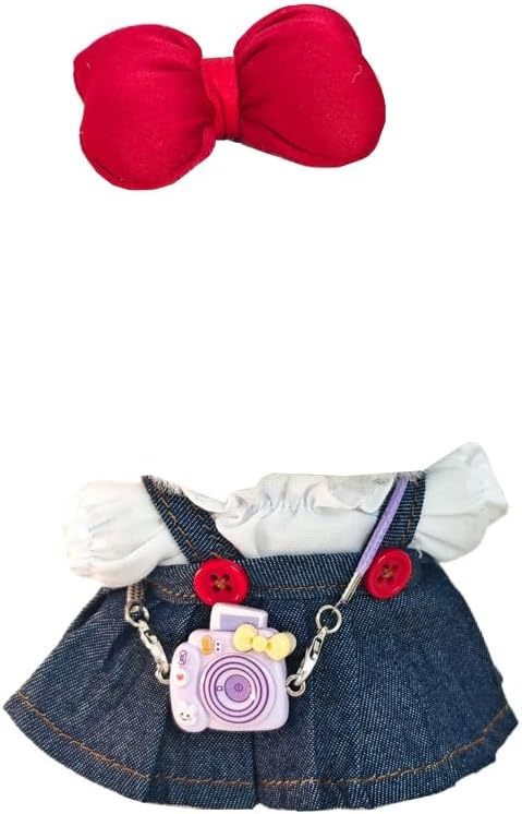 Clothes Dress for Dolls, 17cm La Boo-Boo Doll Designer Clothes Dress Outfit Accessories with Denim Suspender Skirt, Purple Camera, Glasses, Shoes and Bow Hair Decor, NZ004