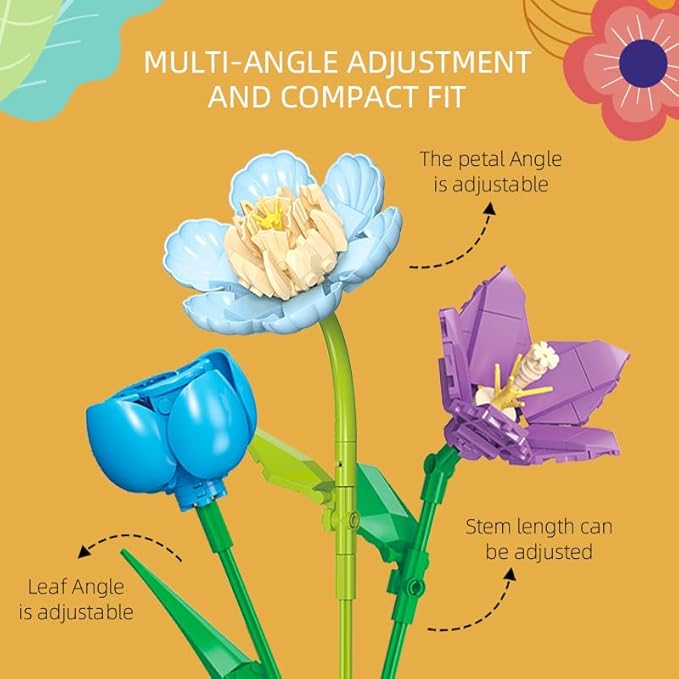 865pcs Flower Building Set, DIY Building Block Flower Bouquet, Beautiful Ornaments, Creates a Cozy Atmosphere with Colorful Artificial Bouquet