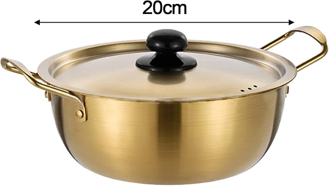 Korean Ramen Pot Stainless Steel Noodle Cooking Pot with Lid Induction Cooker Lightweight Golden Soup Pot Double Handle Suitable for Camping Hiking Pi, 20cm