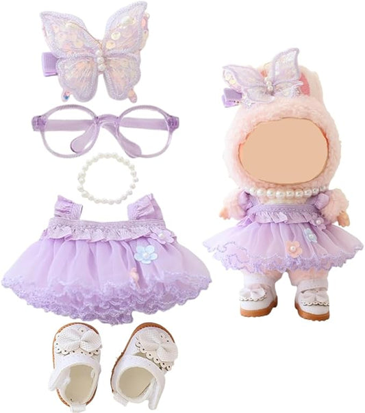 Clothes for Labubu Doll,Clothes for Dolls Accessories,Butterfly Tulle Skirt Purple 5 Pieces Outfit Set Suitable for Labubu 15cm 17cm Doll,Adorable Dress-Up Accessories for Labubu Doll