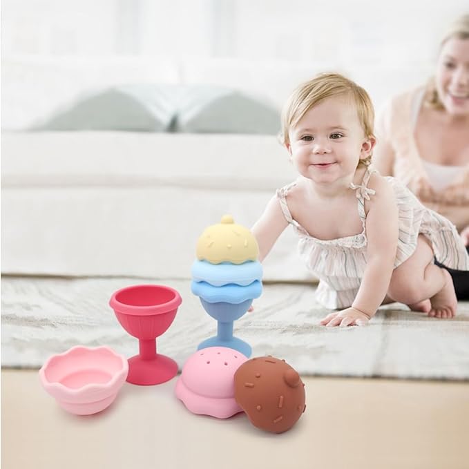 Bath Toys, Silicone Ice Cream Stacking Toy, Baby Bath Toy, Connect, Build, Create - Bathtub Toys