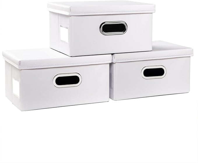 Collapsible Storage Box with Lid [3-Pack] Leather Fabric Foldable Storage Bin Organizer Container Basket Cube with Cover for Home Bedroom Closet Office Nursery White(13.6x9.6x6.9)