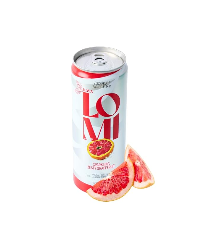 LOMI Zero Proof Pacific Elixir Sparkling Zesty Grapefruit, Natural Relaxation Kava Drink with Adaptogens, Low-Calorie, Gluten-Free, Vegan, 12 fl oz, 4 Pack (Standard, Zesty Grapefruit)