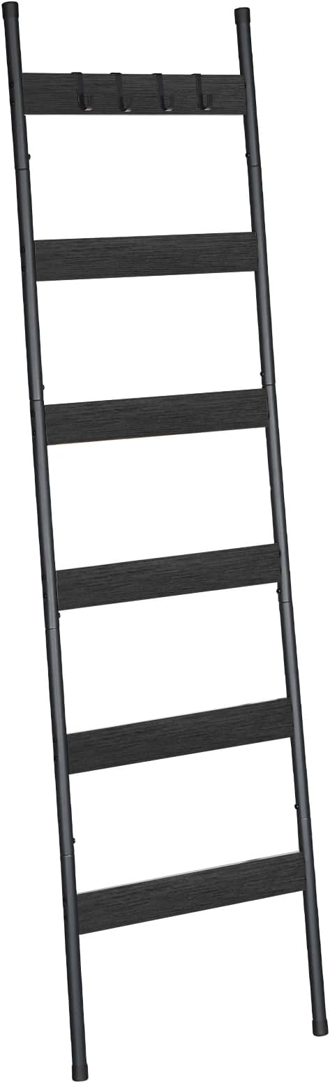 HOOBRO Blanket Ladder, 6-Tier Towel Rack with Hooks, Wall-Leaning Blanket Rack, Decorative Display Ladder Shelf, Scarves, Industrial, Living Room, Bedroom, Black BB66CJ01
