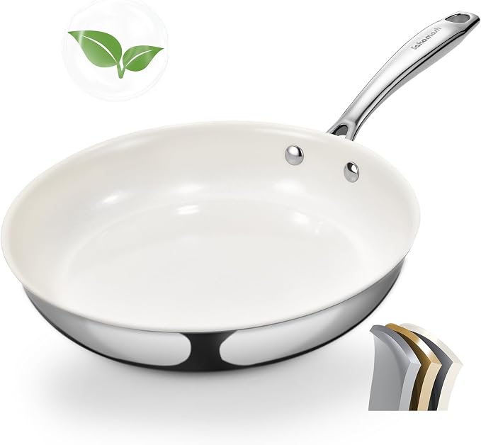 SAKAMOSH 9.5" Nonstick Ceramic Frying Pan, Tri-Ply Stainless Steel, White | Non Toxic, PFAS PFOA PTFE Free, Stay-Cool Handle, Dishwasher & Oven Safe, Induction Compatible